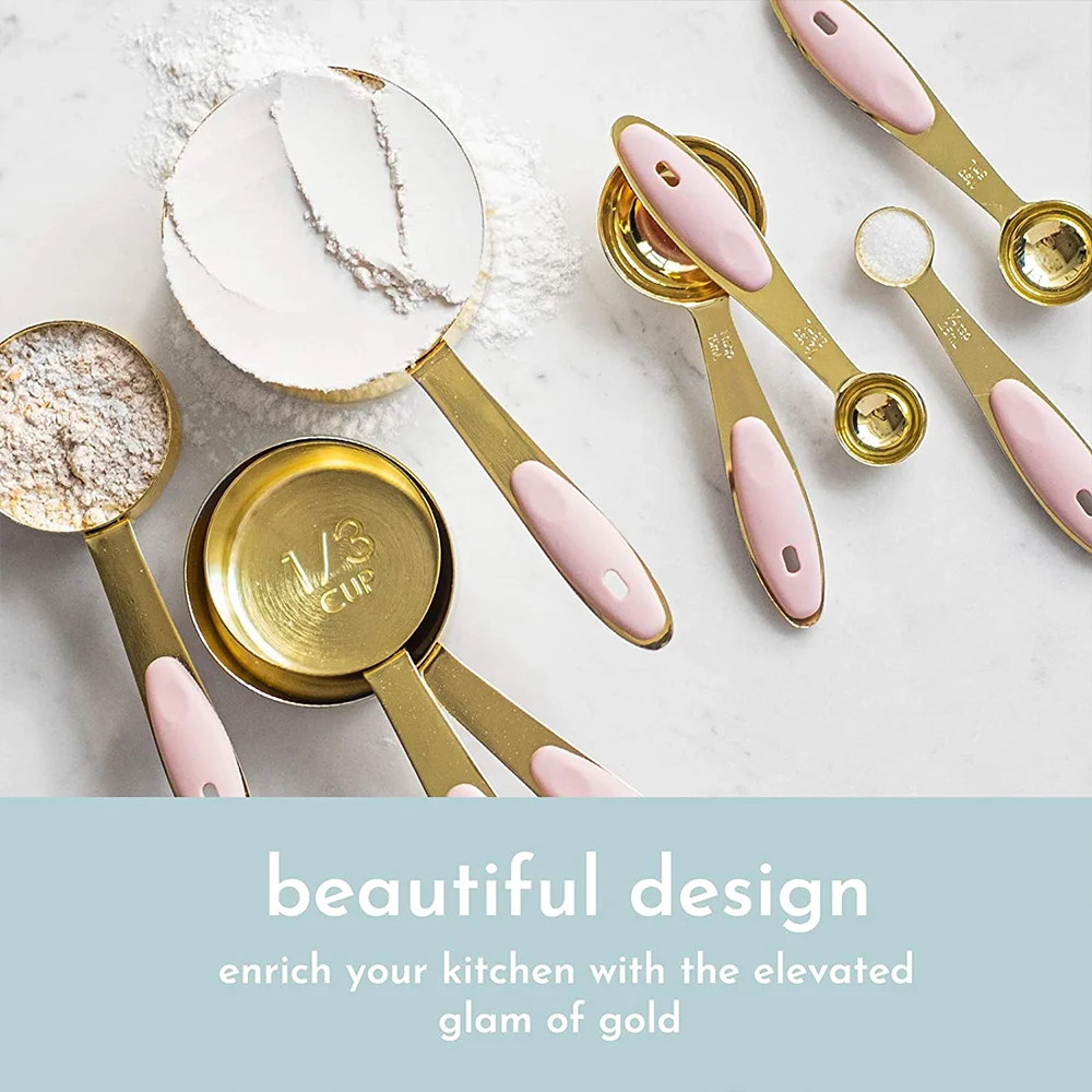 Rose gold Stainless Steel brass metal kitchen cooking measuring spoon and cup with Pink handle spoons cups of coffee espresso