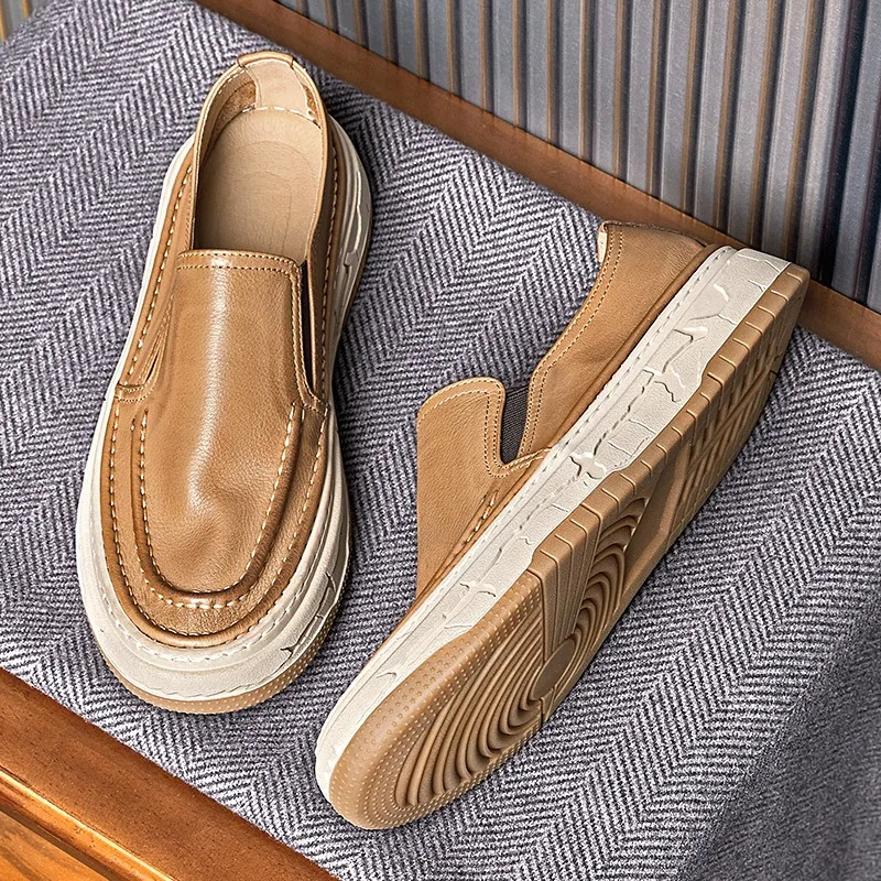 2024 new leather casual shoes round head breathable loafers soft sole bean shoes lazy shoes