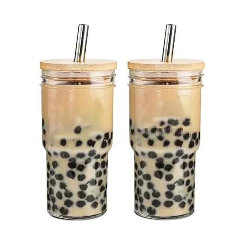 2023 new Reusable Glass Bubble Tea Cup Smoothie Tumbler Milkshake Wide Mouth Mason Jar Drinking Glasses with Bamboo Lids Straws