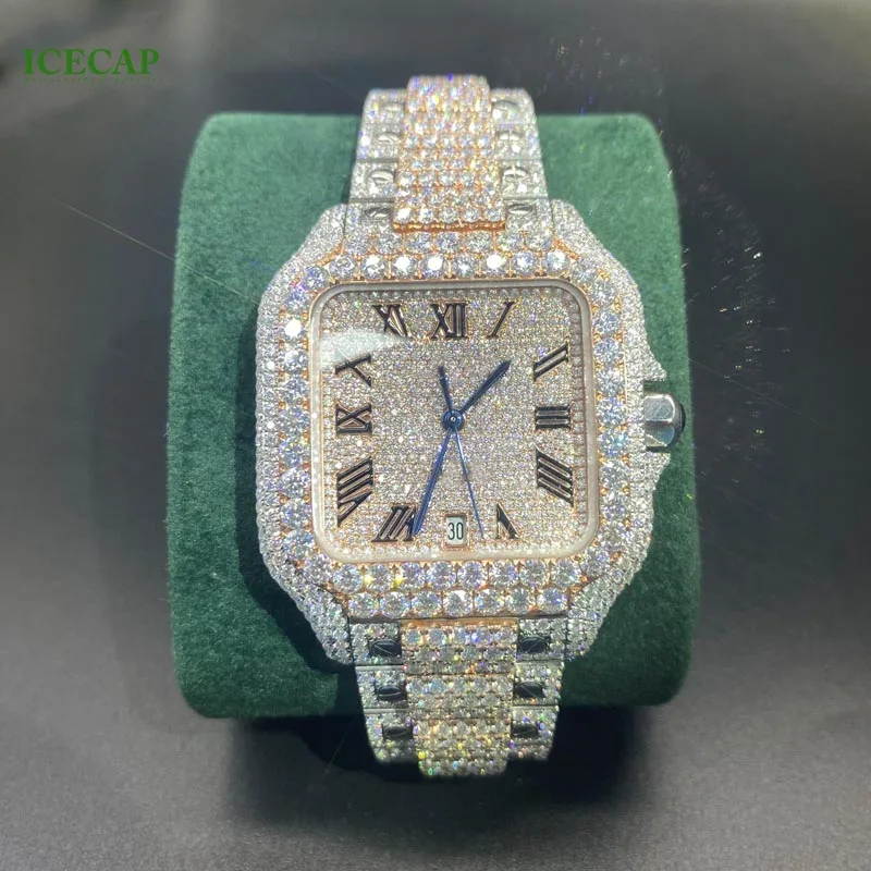 Hip Hop Jewelry Customized Moissanite Watch Luxury VVS Moissanite Diamond Buss down automatic watch for men