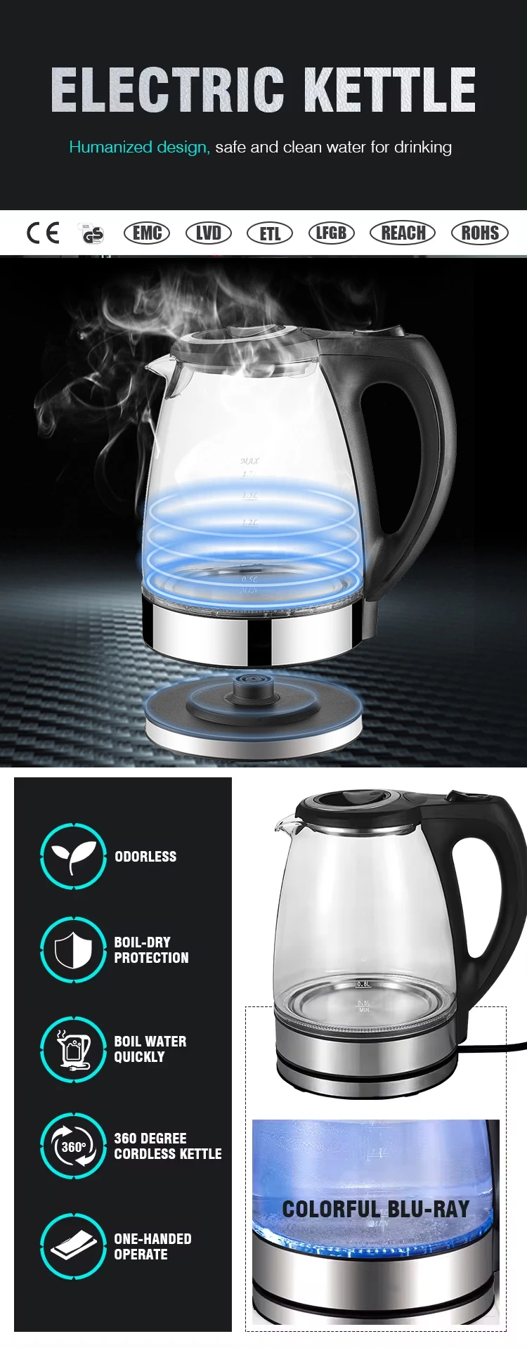 2024 Hot Sale Fashionable New Design 1.7 Liter Cordless Electric Glass Kettle with blue light for Hotel and Household Use