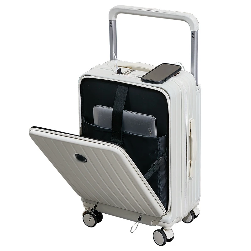 New wide trolley suitcase female front opening multifunctional high value boarding box 24 inch male suitcase with USB port hooks