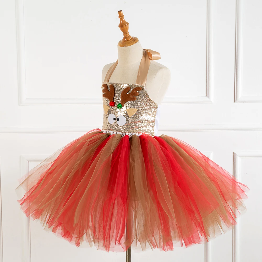Kids Christmas Elk Reindeer Antlers Headband  Sequin Party Dress Tutu Prom Pageant Dresses SX-HD93422-93426