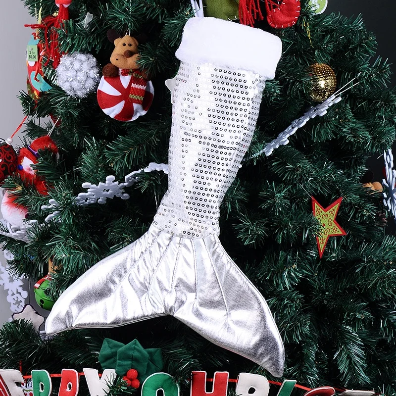 BSCI SJ083 sewing sequins silver holiday stockings Xmas mermaid tail hot-stamping cloth