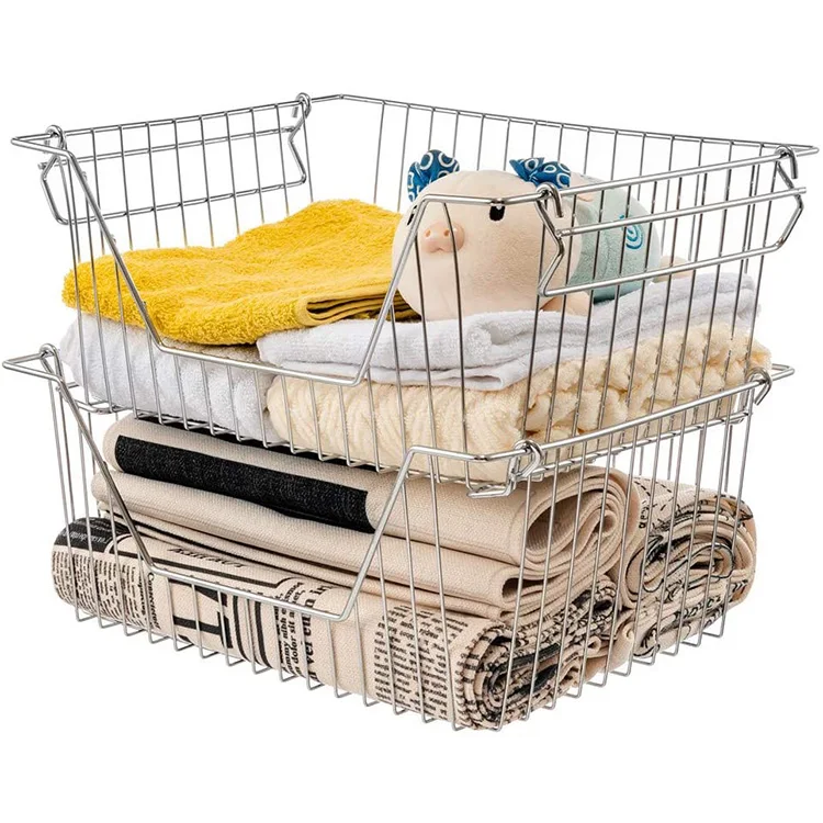 Heavy Duty Laundry Metal Foldable 304 Stainless Steel Customized Color Mesh Iron Storage Container Stacking Wire Baskets
