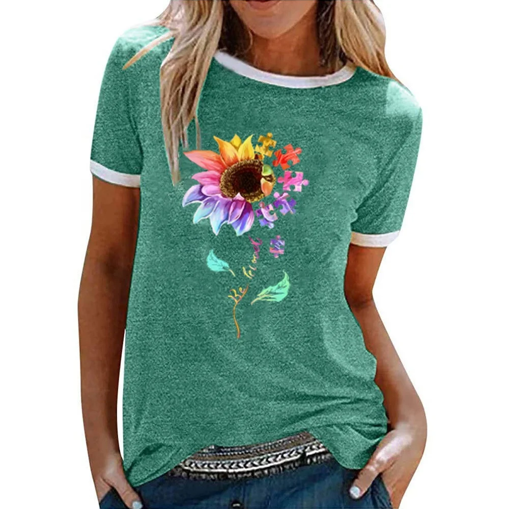 2021 Summer Women Vintage Flower Print Shirts Womens Blouse Short Sleeve T Shirts And Tops Sunflower Shirts