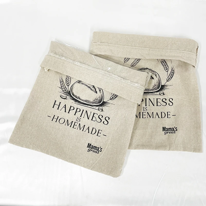 Custom Brand Logo Eco friendly Drawstring Reusable Bread Bags Cotton Linen Baking Food Bags For Bakery