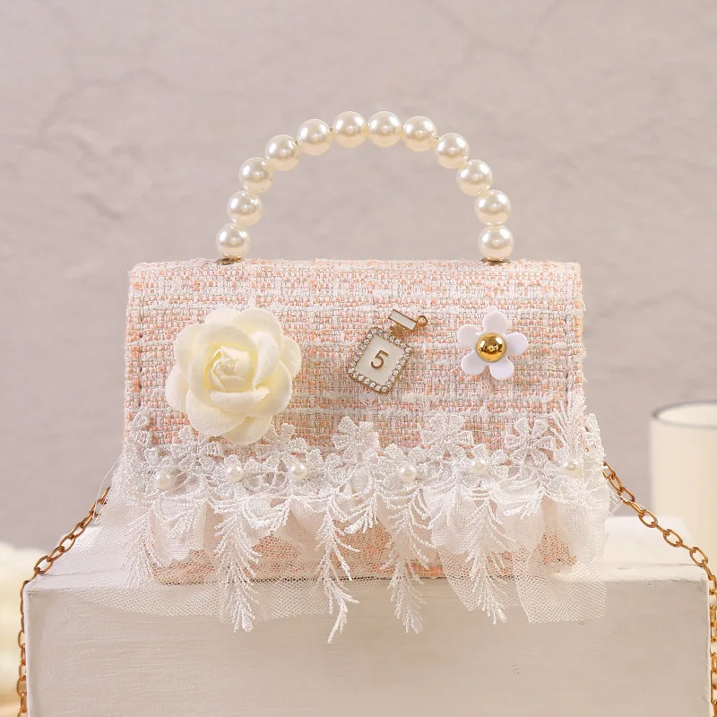 Fashion Autumn Winter New Design Leather Flower Mini Cute Handbag For Girls Small Size Pearl Single Bag Purse