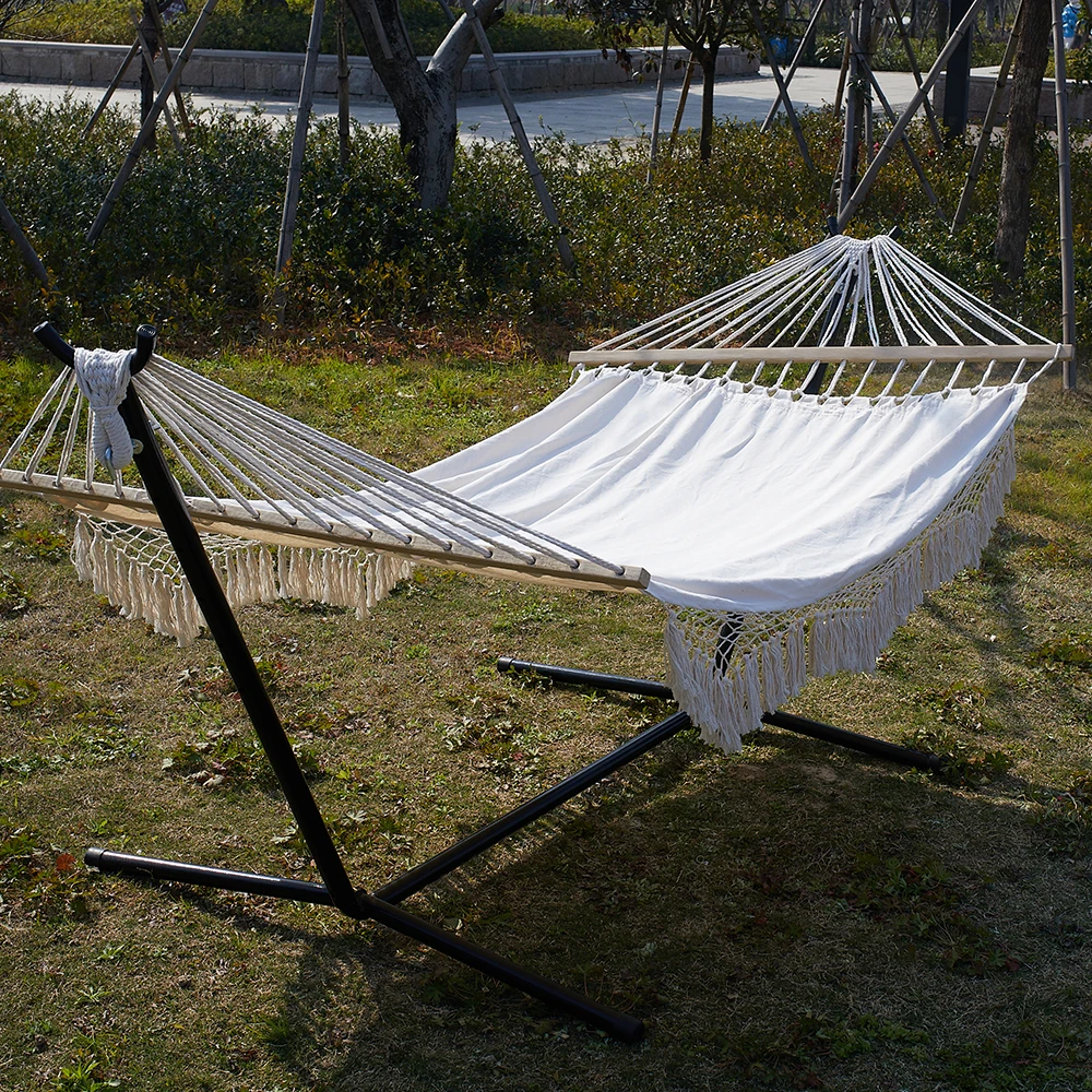 150*200CM Portable Camping Hammock With Wood Bar Outdoor Canvas Material Hammock  With 12ft steel stand