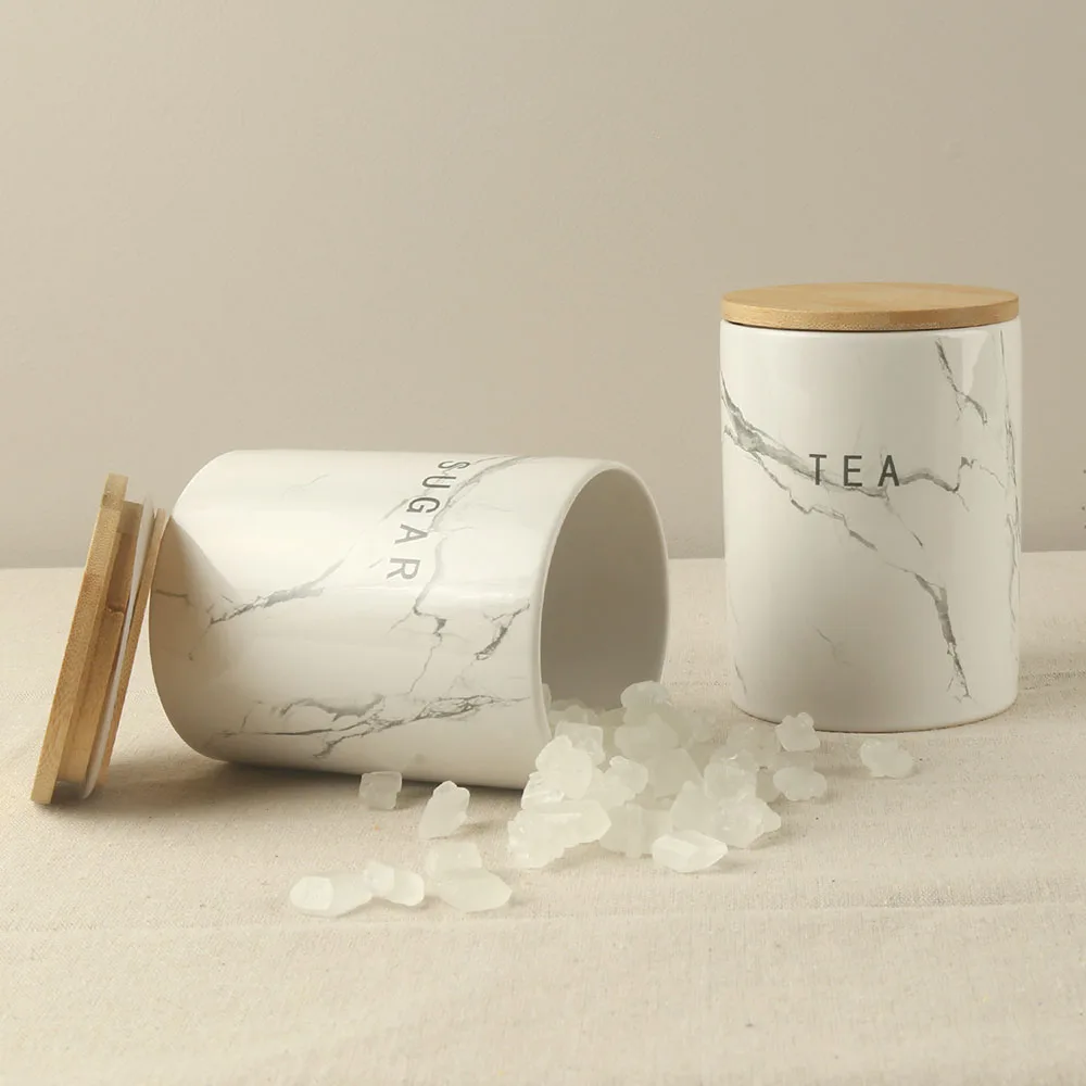 700ml gray marble decal custom design ceramic coffee tea sugar canister jar with bamboo lid and silicone ring set