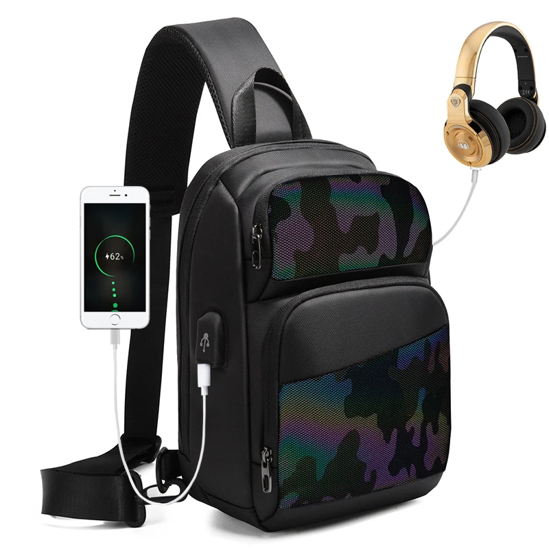 New black high-quality breathable waterproof anti-theft anti-wear chest bag USB charging port chest bag