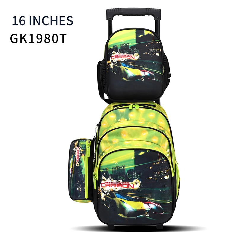 factory fashion original cartoon character design 16 inch trolley school bag set with lunch box and pencil case