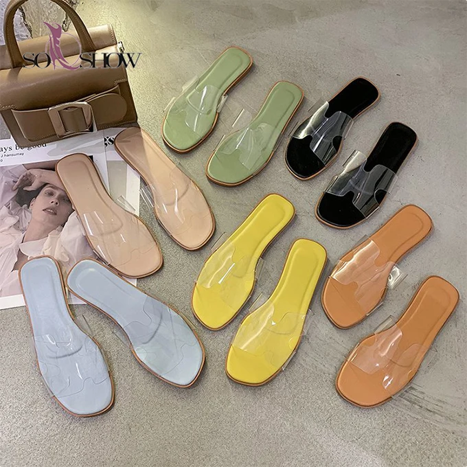 fancy cheap solid PVC upper clear slippers wholesale women flat colorful  slippers for ladies