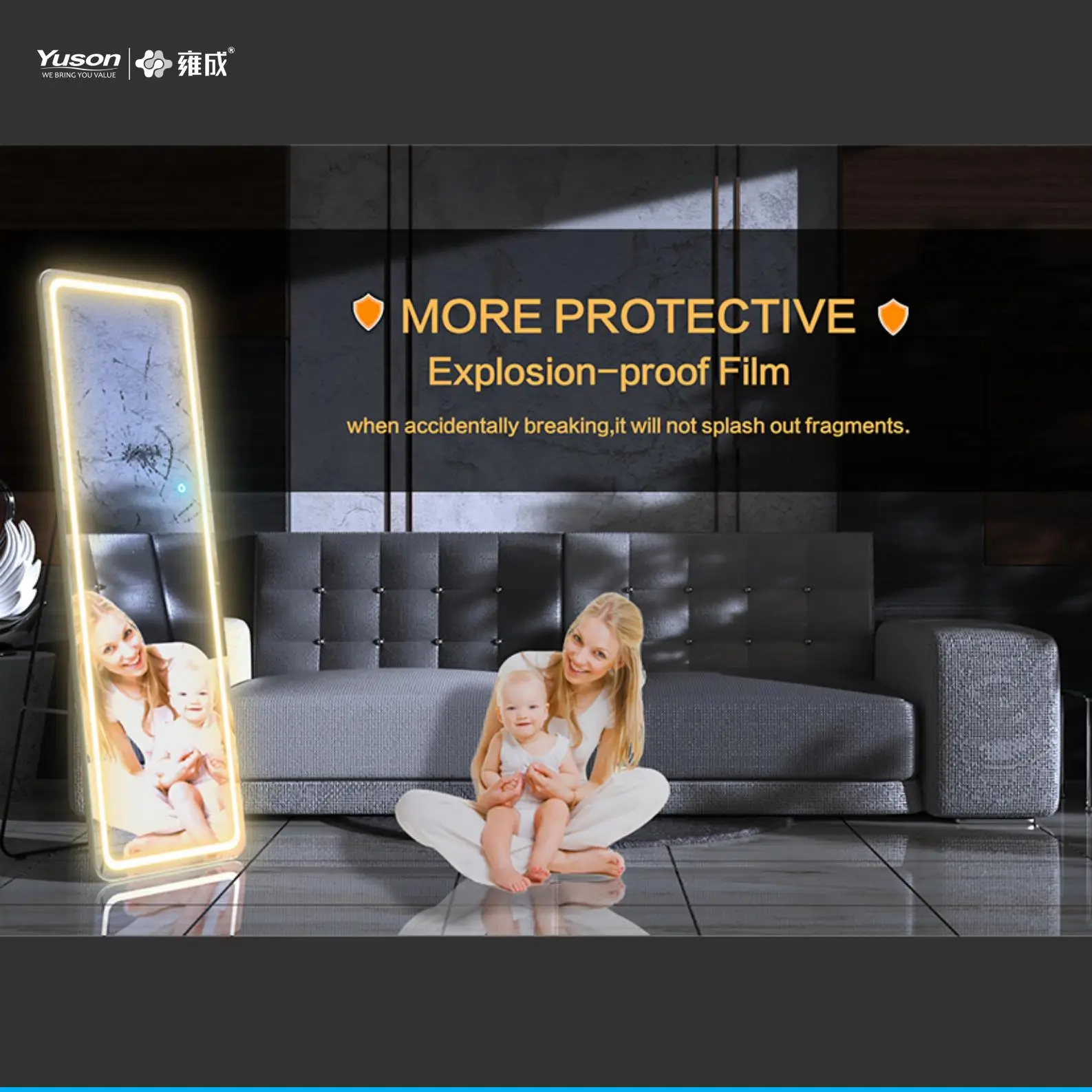 YUSON YS57148 Smart lighting full body floor LENGTH wall mirror touch big wall LED dressing room mirror SMART LED lighted