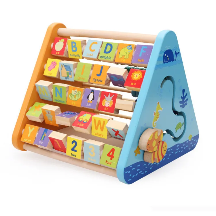 5 in 1 Wooden Baby Activity Triangle cube Abacus Clock Wooden Alphabet Blocks Drawing board Montessori Toy