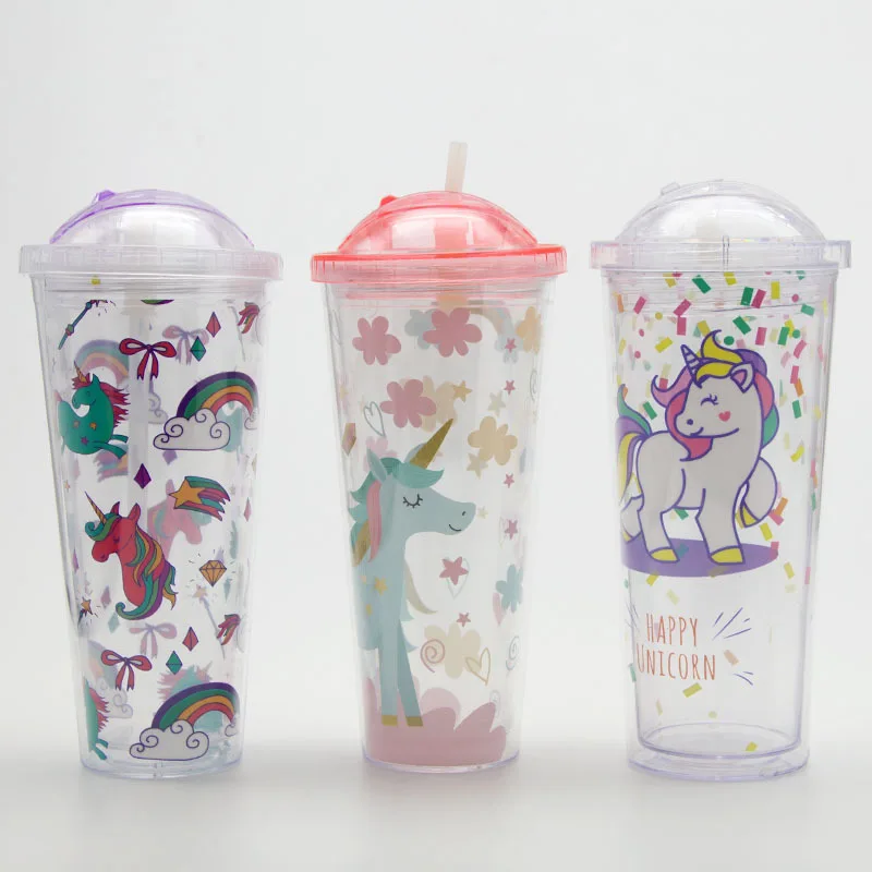 Unicorn Double Wall Insulated Plastic Boba Milk Tea Coffee Cups 650ml Plastic Reusable Bubble Boba Tea Cups With Lids