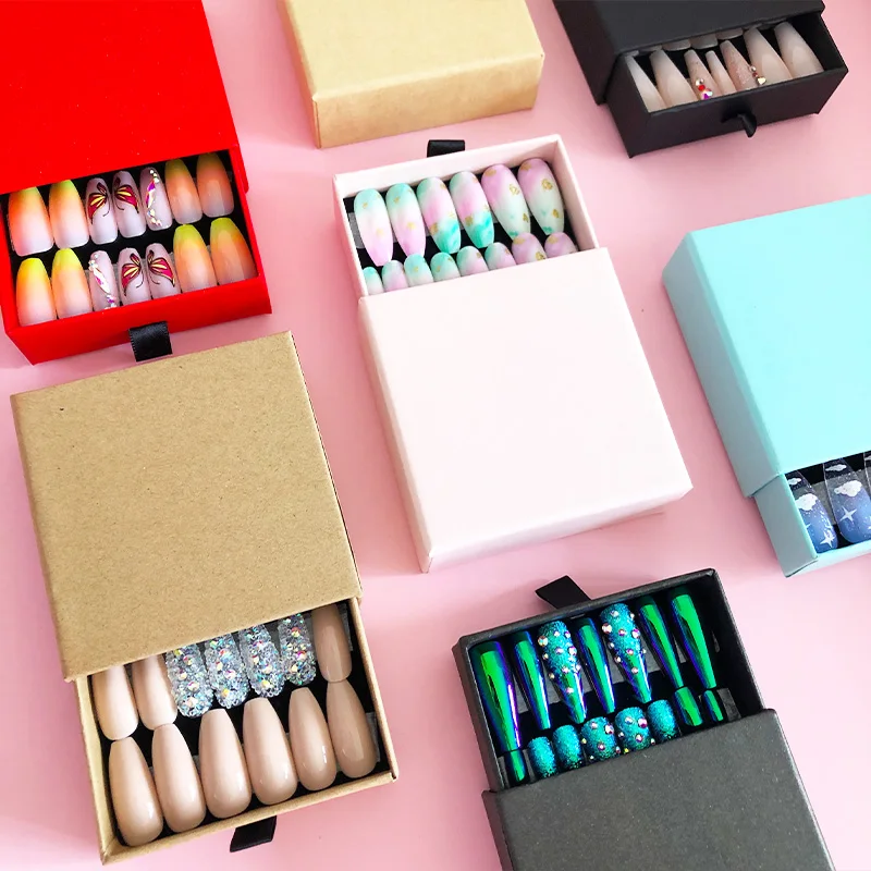 artificial fingernails long French rhinestones false nails private label custom press on nail packaging box