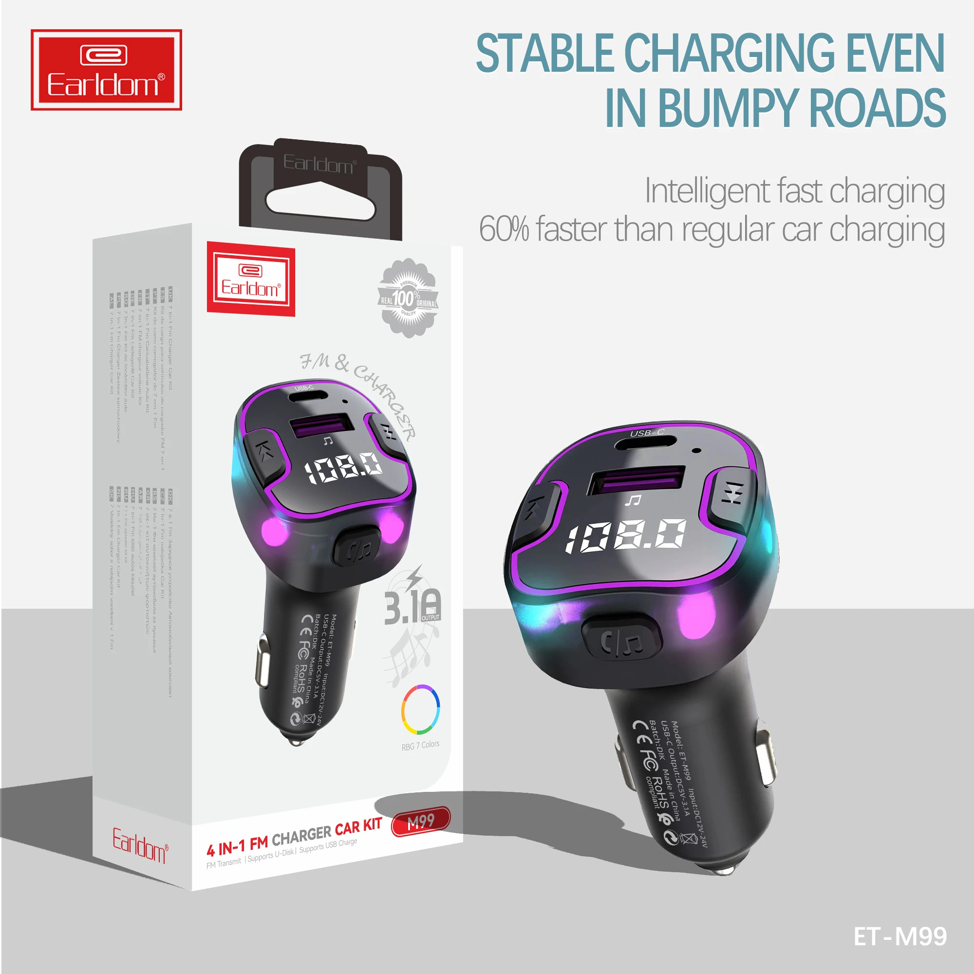 Earldom Car Blue-tooth 5.0 MP3 Player Transmitter Car Phone Charger Blue-tooths Car Kit