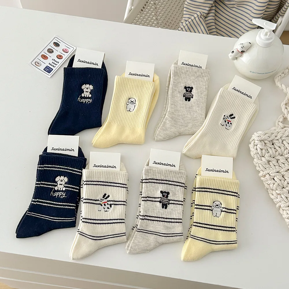 HY-4632 New 2024 Korean style Autumn & Winter Embroidery Socks Women Breathable Cotton Cute Dog Striped Slouch Sock Girl