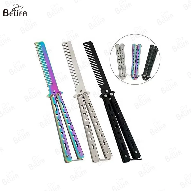 Custom Private Brand Hair Styling Tools Stainless Steel Training Practice Pocket Beard Comb Folding Butterfly Knife Comb