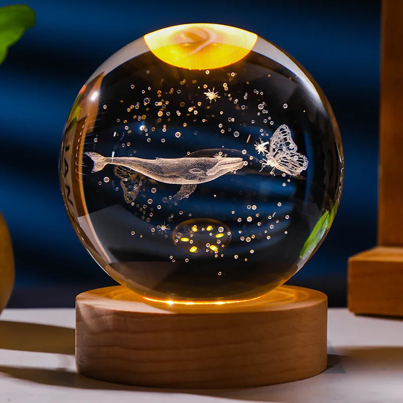 Led USB Interior Carved Crystal Ball Table Lamp Jellyfish Moon 3d Crystal Ball Night Light With Wooden Base