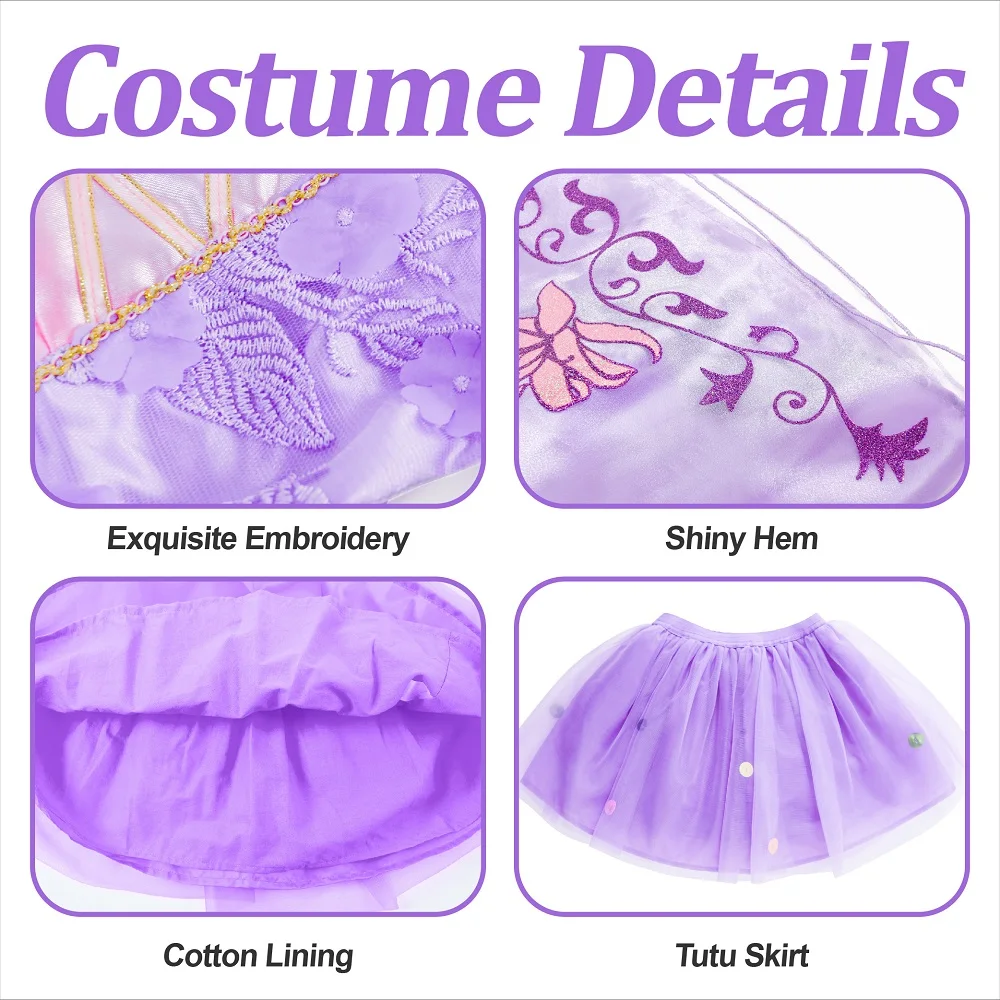 Disney Princess Costume, Fancy Dress Up Outfit for Birthday Party 3-12Years Snow White Cinderella Belle Aurora Rapunzel