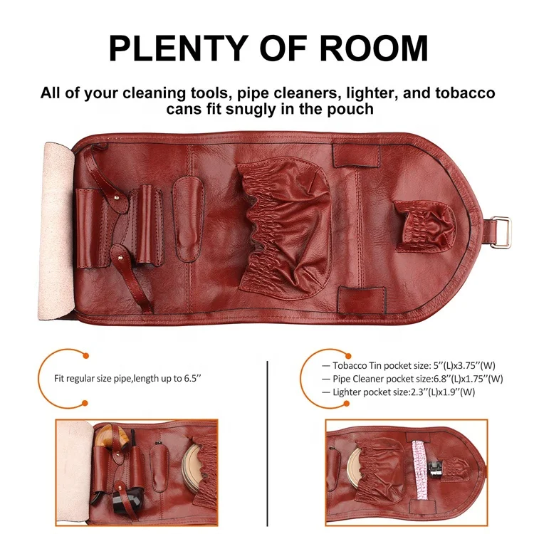 High Quality Handmade Leather Pipe Rolling Tobacco Pouch Bag Organize Case with Two Pipe Holder Pockets