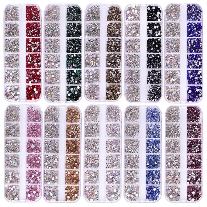 New 12 Grids Geometry Shiny Glass Crystal Rhinestones Nail Decoration Round Flat Back DIY Nail Art Crystals Jewelry +Dotting Pen