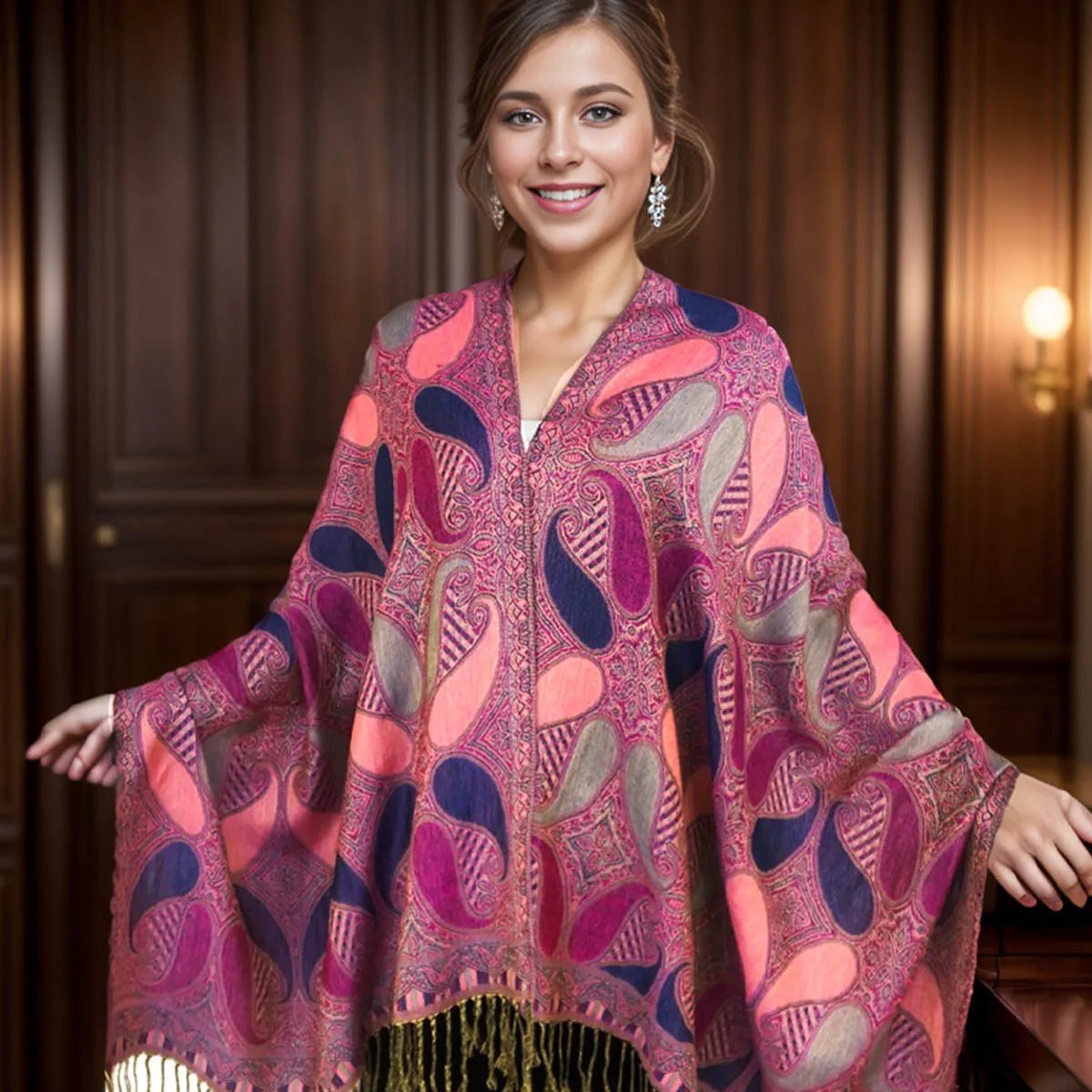 Bohomonde pashmina shawl with tassel Indian floral paisley cashmere scarf nepal poncho for women