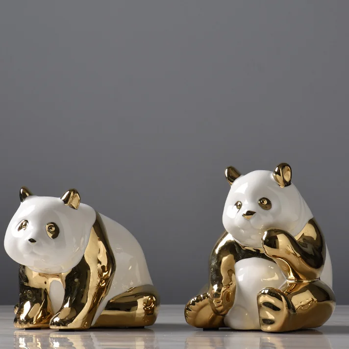
Arts and Craft Desktop Decoration Gift Handmade Golden Panda Ceramic Ornaments For Home Decoration 