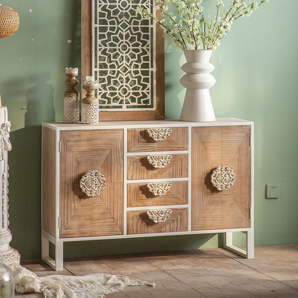 High Quality Kitchen Cabinets Retro Design Glass Door Accent Solid Wooden Cabinet With Drawers Modern Living Room Cabinets