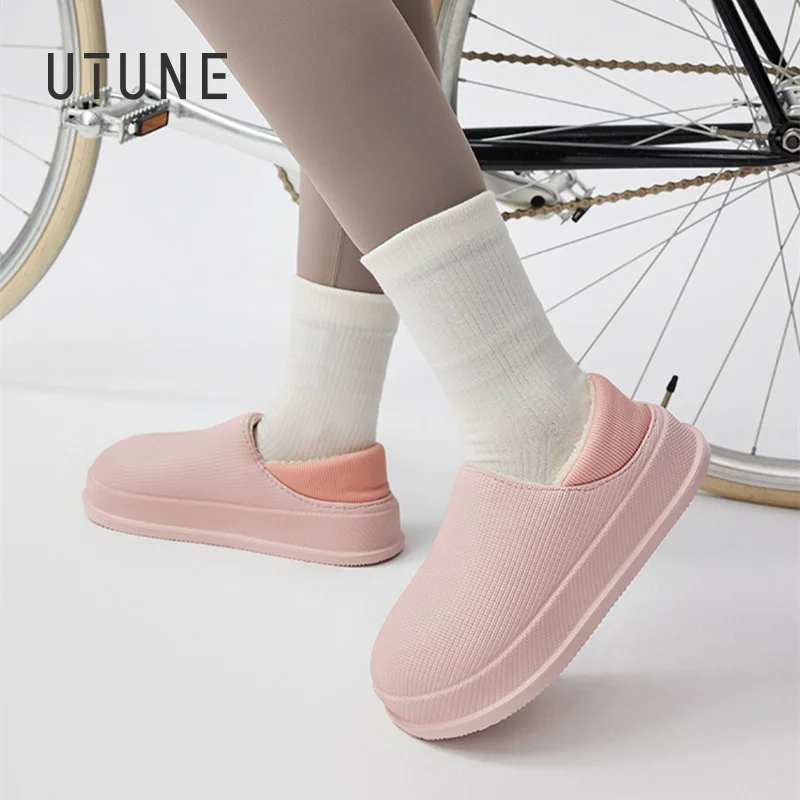 UTUNE Waterproof Winter Slippers for Women Plush Soft Indoor Men Sandals Thick Sole House Shoes for Ladies