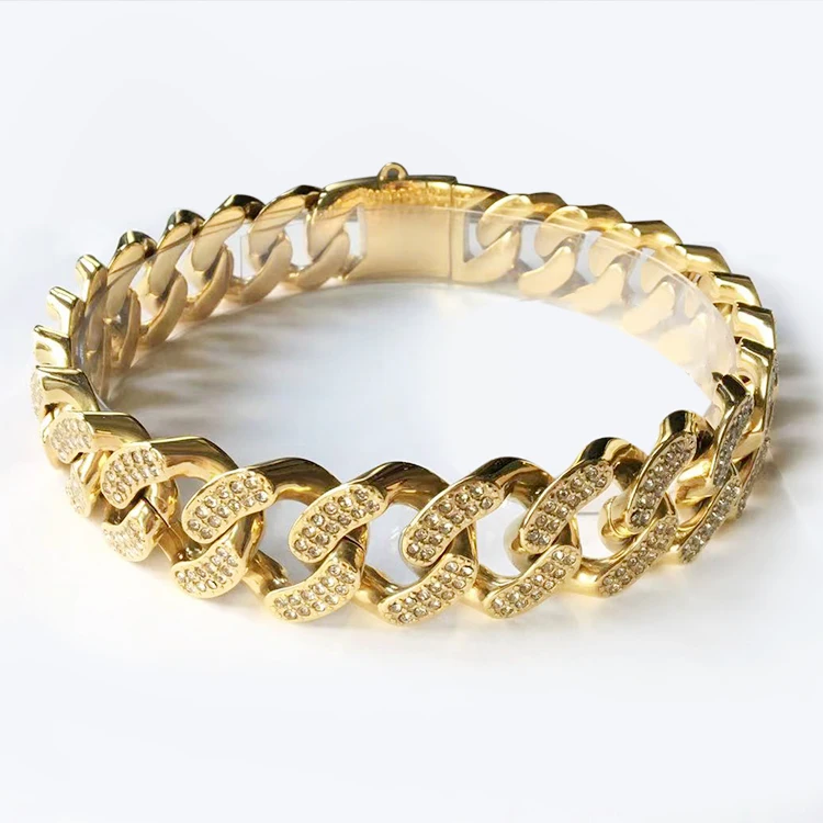 Роскошные золотистые панцирные кубинские звенья с инкрустированными стразами 316L из нержавеющей стали свинцовые индивидуальные цепи для собак