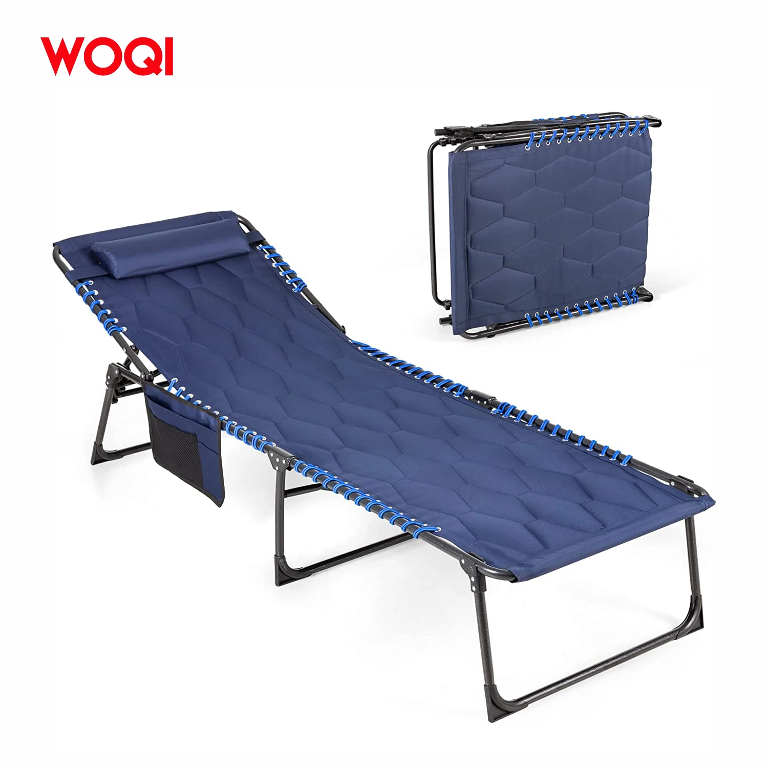 WOQI Wholesale High Quality Adjustable 5-Position Folding cot bed for camping Office with Pillow Pocket