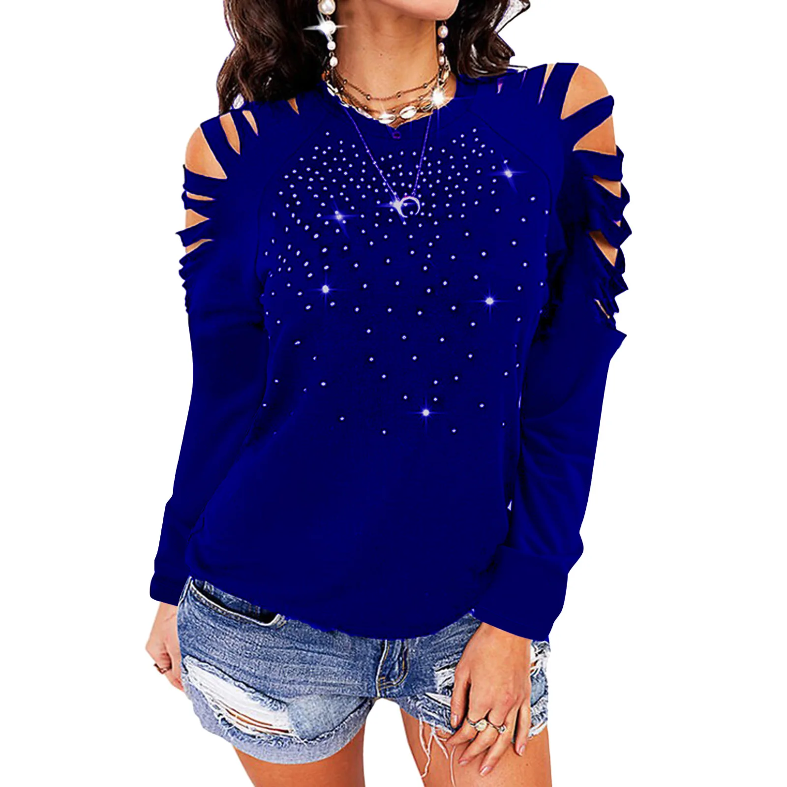 Autumn and winter new round neck hot drilling hollow long-sleeved off-the-shoulder top T-shirt