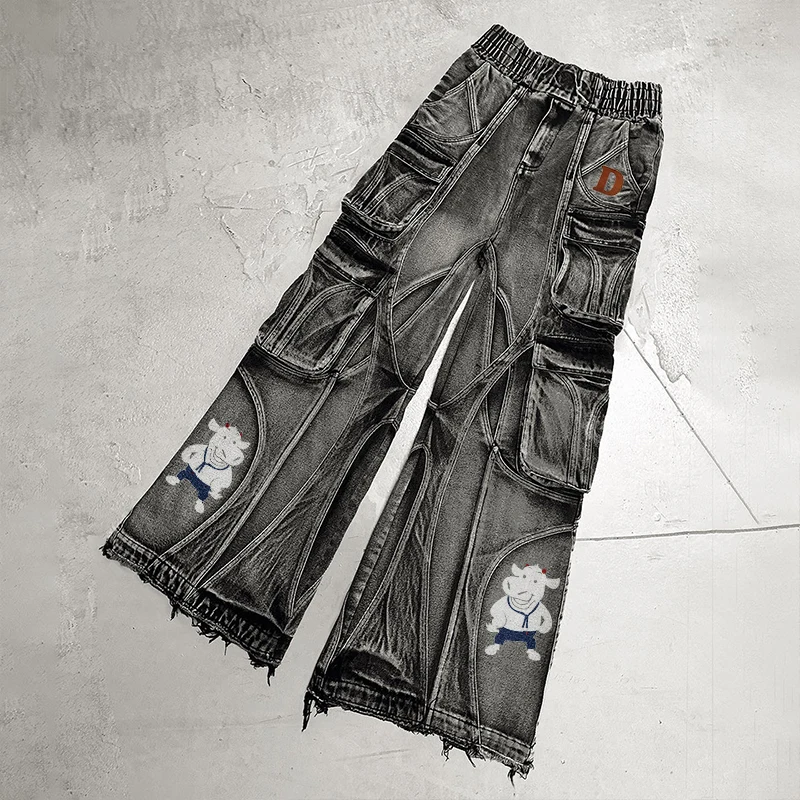 Fashionable Customized street clothes multi pocket  jeans for men  Denim     Straight  wrinkles pants  Loose long Wide Leg Jeans