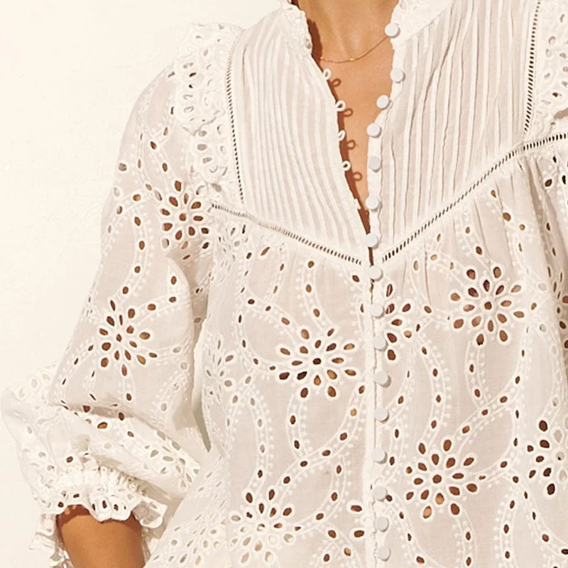 Custom Summer Long Sleeve Ladies Shirts Elegant Hollow out Tops And Blouses Women 100% Linen Fabric Button Up Casual Shirt