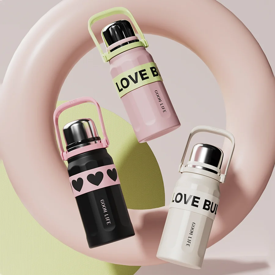 900 ml Stainless Steel Insulated Coffee Thermos Water Bottle with Carrying Strap and Lid Vacuum Flask for Hot or Cold Drinks