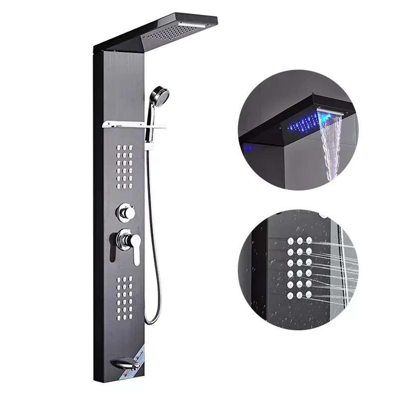 ROVATE Shower Panel Stainless Steel Wall Mounted LED Black Shower Column Set Bathroom Massage Shower Wall Panel Column Tower