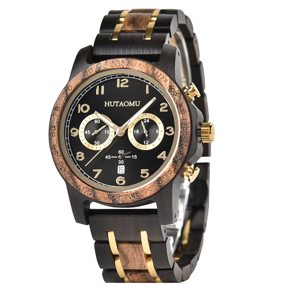 Low MOQ Wholesale Waterproof Black Wood Fashion Wrist Gold Stainless Steel Luxury Mens Quartz Wood Watch