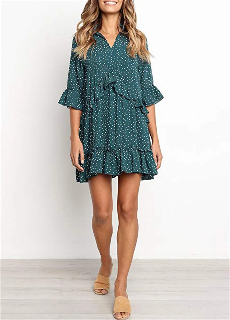 
2021 New summer hot sale dot joint mid sleeve ruffle short Chiffon dresses women fashion 