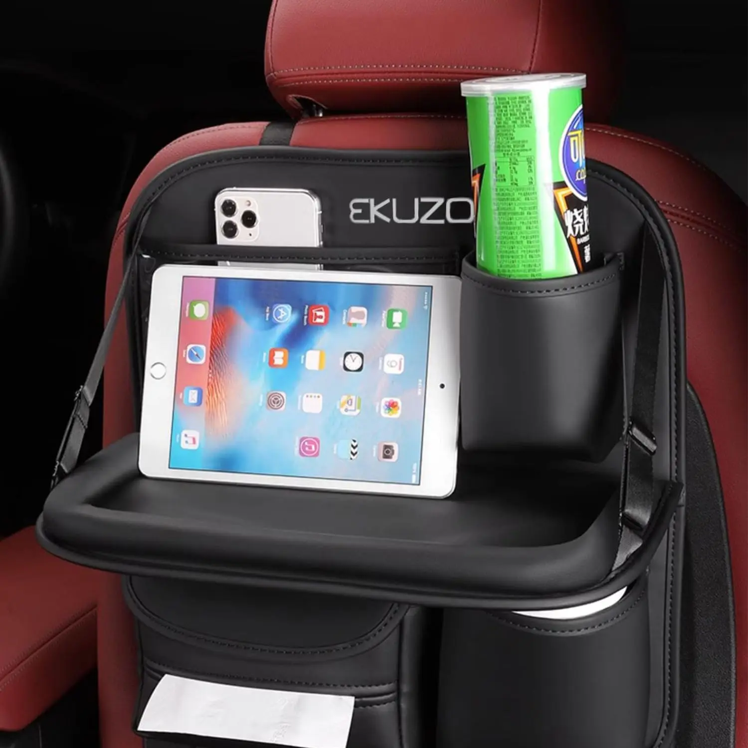Factory Custom Back Seat Car Organizer with Tray,Foldable Car Table for Backseat Headrest with Big Pockets Waterproof Leather