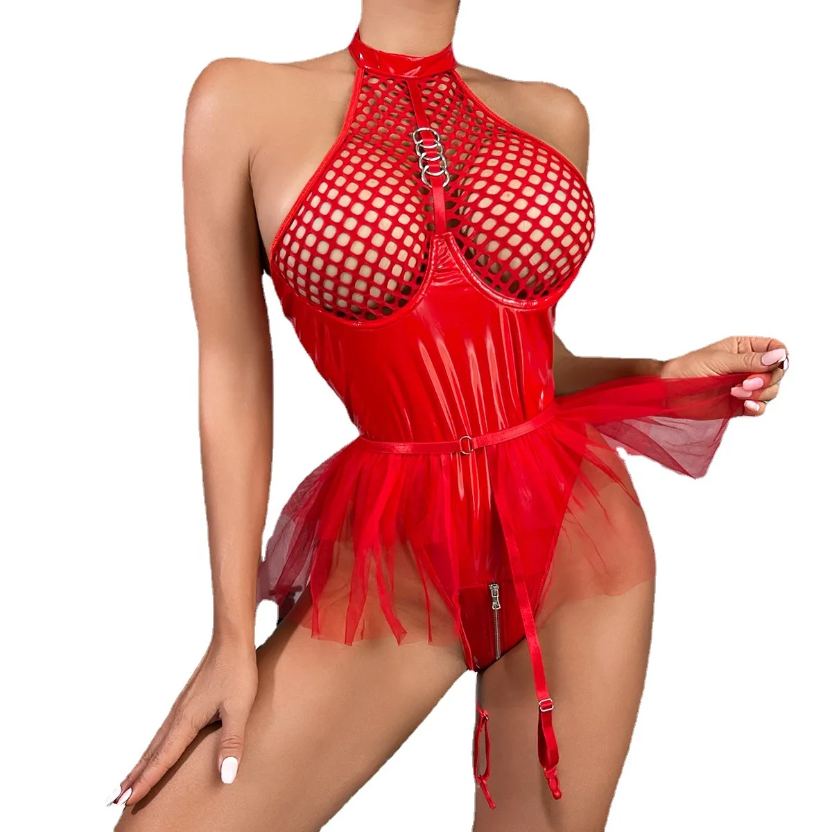 Wholesale Underwear Mesh And Leather Patchwork Bodysuit 1 Piece Set Women Hanging Neck Sexy Lingerie
