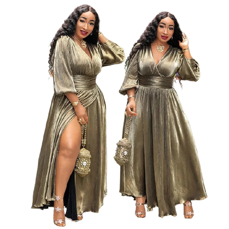 CFA6538 African Dresses For Women Clothing Gilded Deep V-Neck Pleated Maxi Dress Ladies Split Gowns For Women Evening Dresses