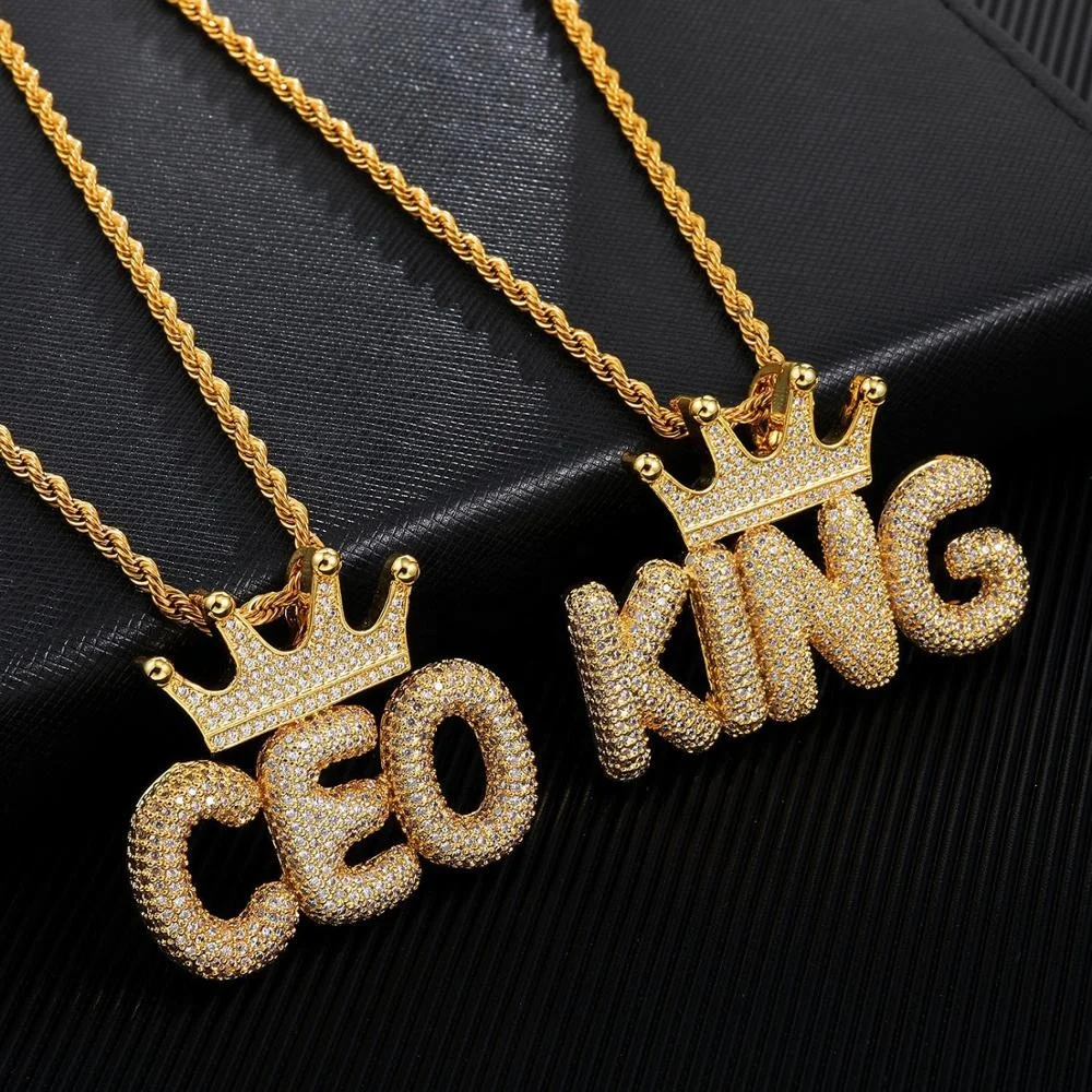 2022 New design Crown Small Letters Pendant Necklaces With Gold Silver Rope Tennis Chain Custom Name Hip Hop Jewelry Gifts Hot