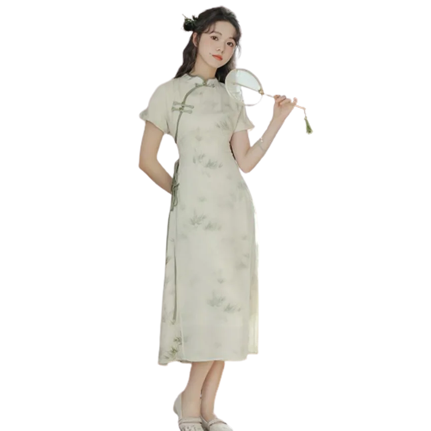 New Chinese chiffon dress for women in summer, slimming and sweet printed beautiful dress for women 2024 beauty dress woman