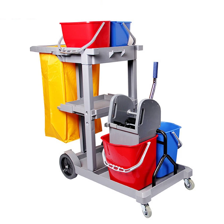 High quality indoor outdoor plastic housekeeping cleaning cart with bucket hotel Inn subway station mop wringer trolley