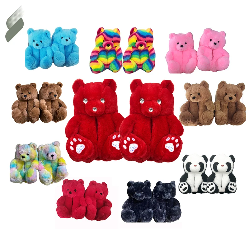 2021 Wholesale pantuflas de animales de peluches dibujos gros Rainbow Fuzzy  Women Plush Teddy Bear Slippers Indoor Shoes