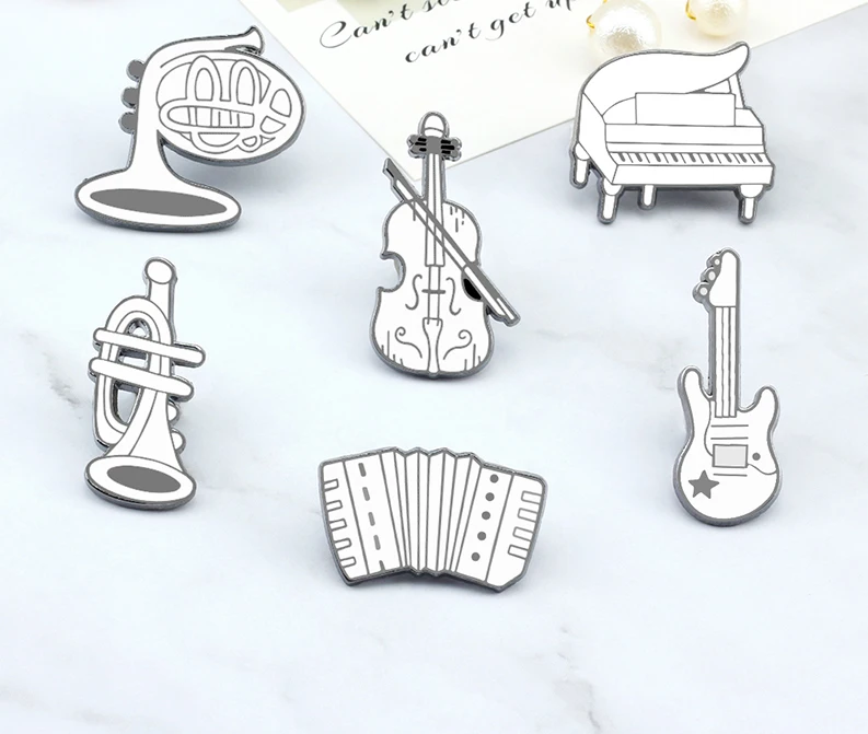 New Arrival Music Lover Enamel Pins Elegant White Accordion Piano Violin Guitar Brooches Women Men Lapel Pin Badges Jewelry Gift