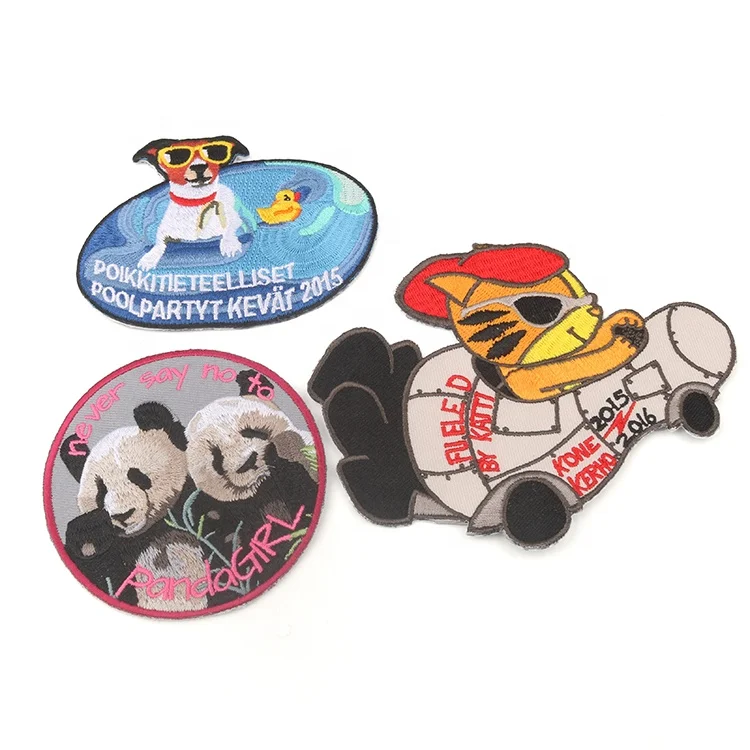 Wholesale Eco-friendly Custom Round Iron on Patches Cute Panda Cat Animal Logo Twill Embroidery Badges for Polo Shirts